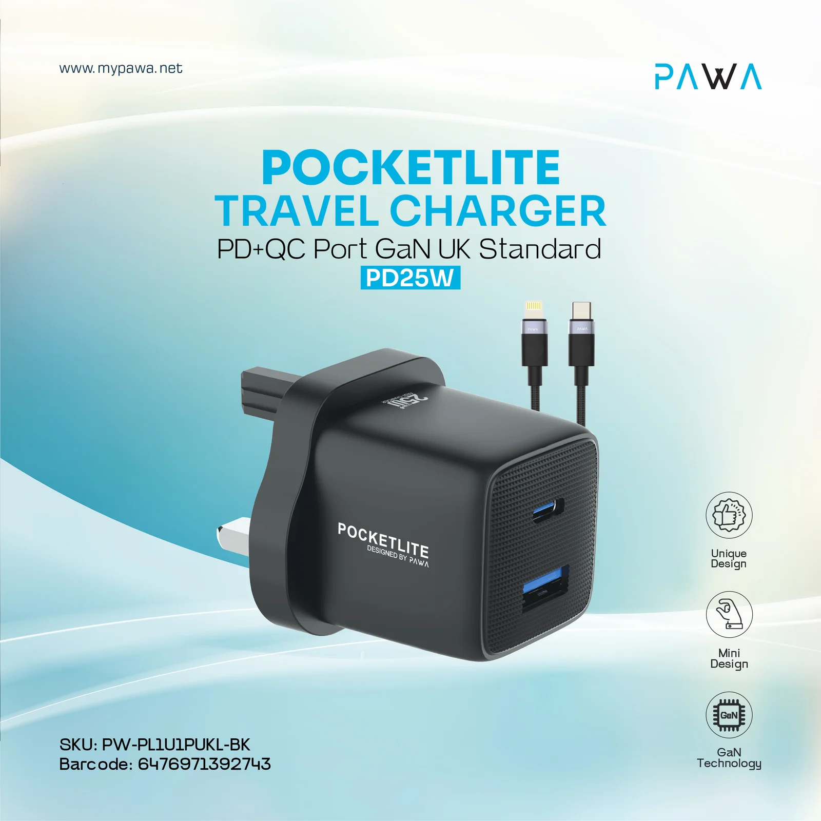 PAWA POCKETLITE TRAVEL CHARGER PD+QC PORT GAN UK STANDARD PD25W TYPE C LIGHTING CABLE BLACK PW-PL1U1PUKL-BK thumbnail 2