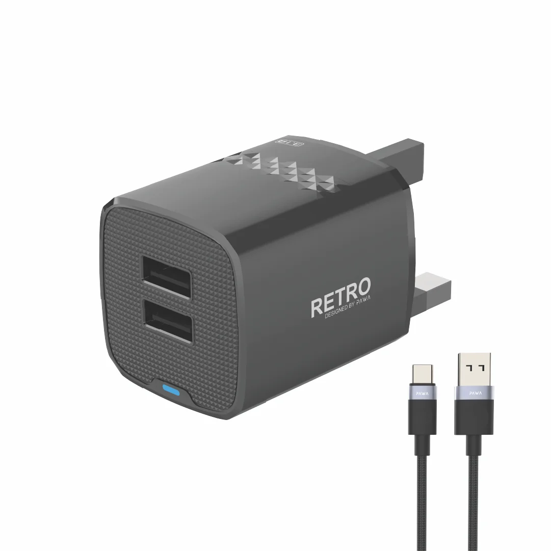PAWA RETRO 3.1A DUAL USB UK CHARGER WITH USB A  TO USB-C CABLE BLACK PW-TCR31UKT-BK