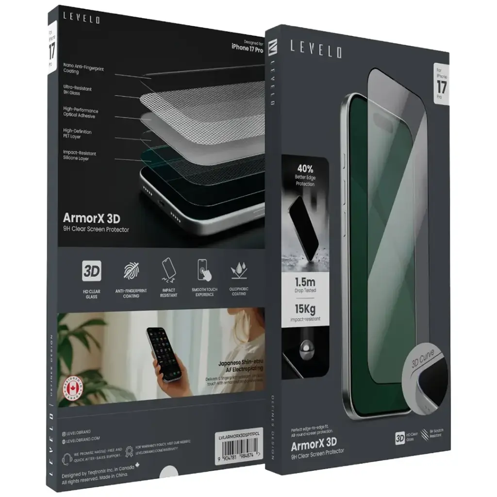 LEVELO ARMORX 3D 9H CLEAR SCREEN PROTECTOR IPHONE 17 PRO LVLARMORX3DSP17PCL thumbnail 2