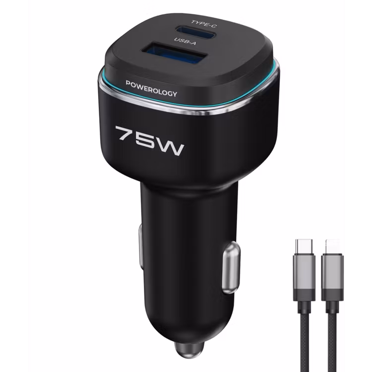 POWEROLOGY 75W DUAL PORT HIGH POWER CAR CHARGER WITH LIGHTNING CABLE BLACK/GRAY PCCSR024BKGYL