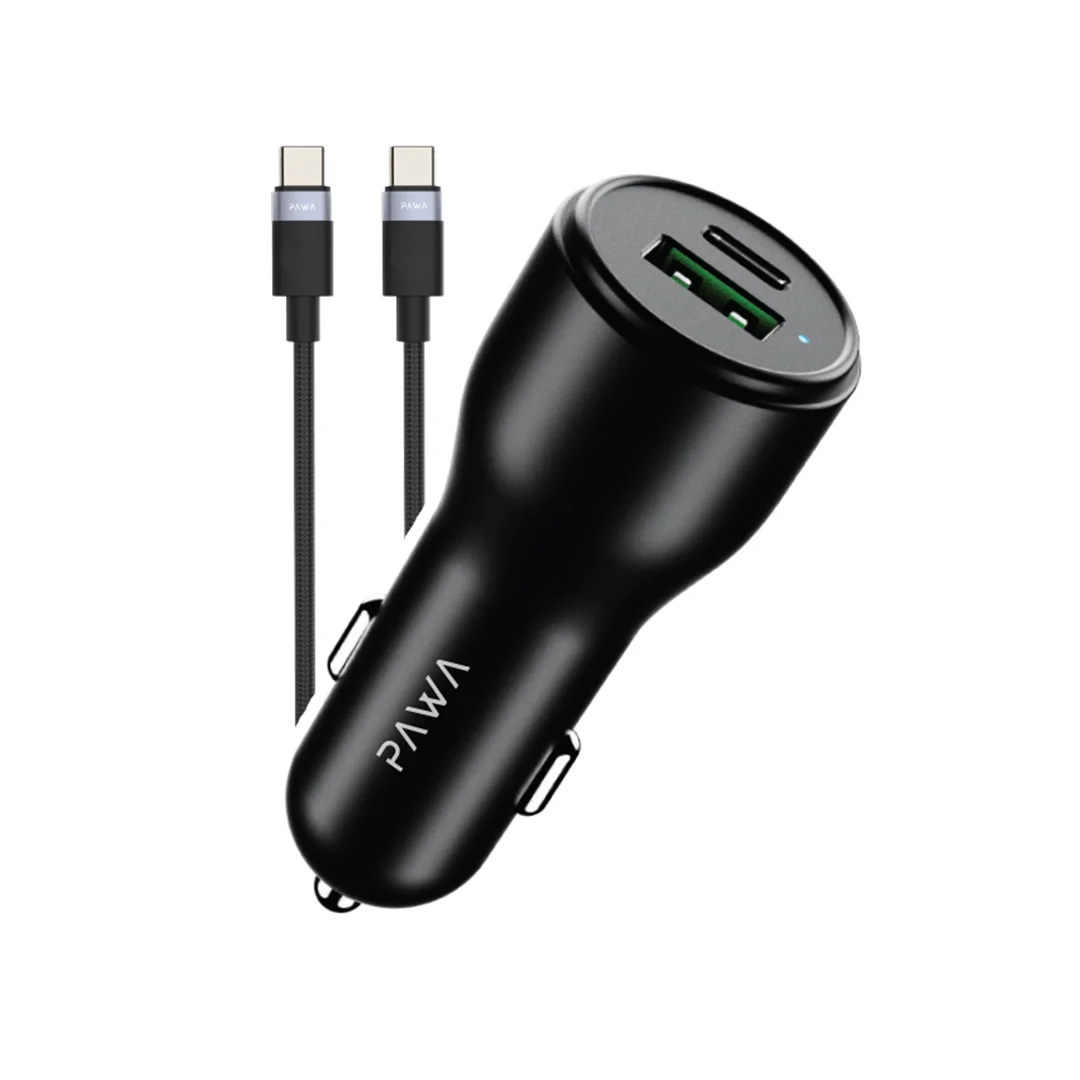 PAWA SOLID CAR CHARGER DUAL PORT PD+QC WITH BRAIDED USB C TO USB C CABLE 51W BLACK PW-CC51CA5T-BK