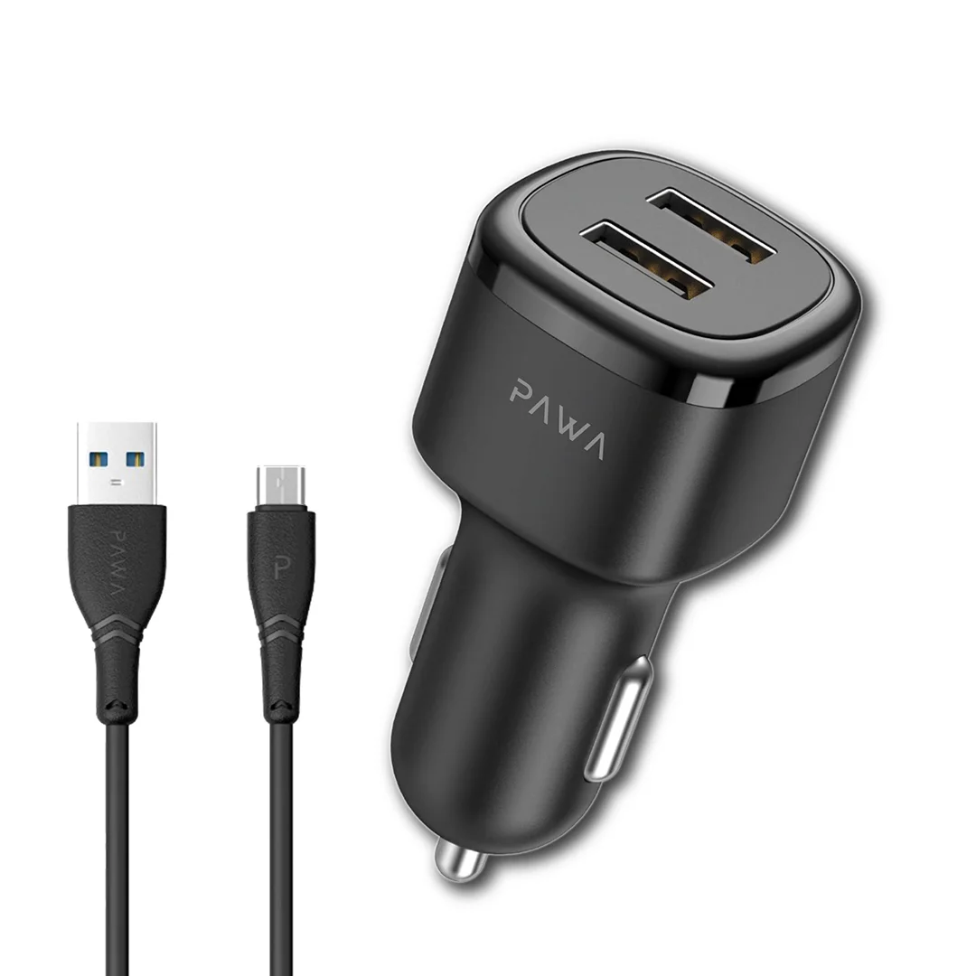 PAWA SOLID CAR CHARGER DUAL USB PORT 2.4A INCLUDES MICRO CABLE BLACK PW-24AICCM-BK