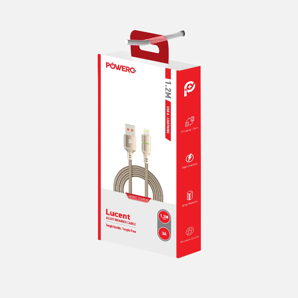 POWERO PLUS LUCENT ALLOY BRAIDED CABLE WITH LED INDICATOR USB A TO LIGHTNING 1.2M DESERT