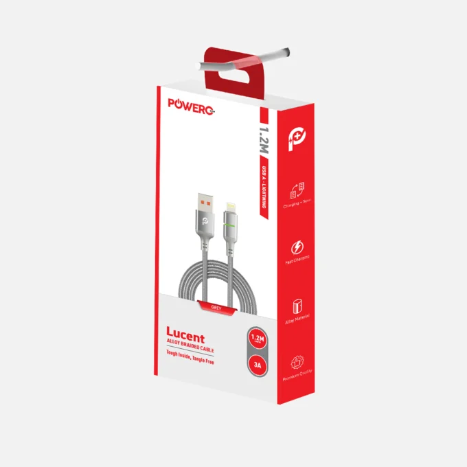 POWERO PLUS LUCENT ALLOY BRAIDED CABLE WITH LED INDICATOR USB A TO LIGHTNING 1.2M GREY PR-LCBD12AL-GY