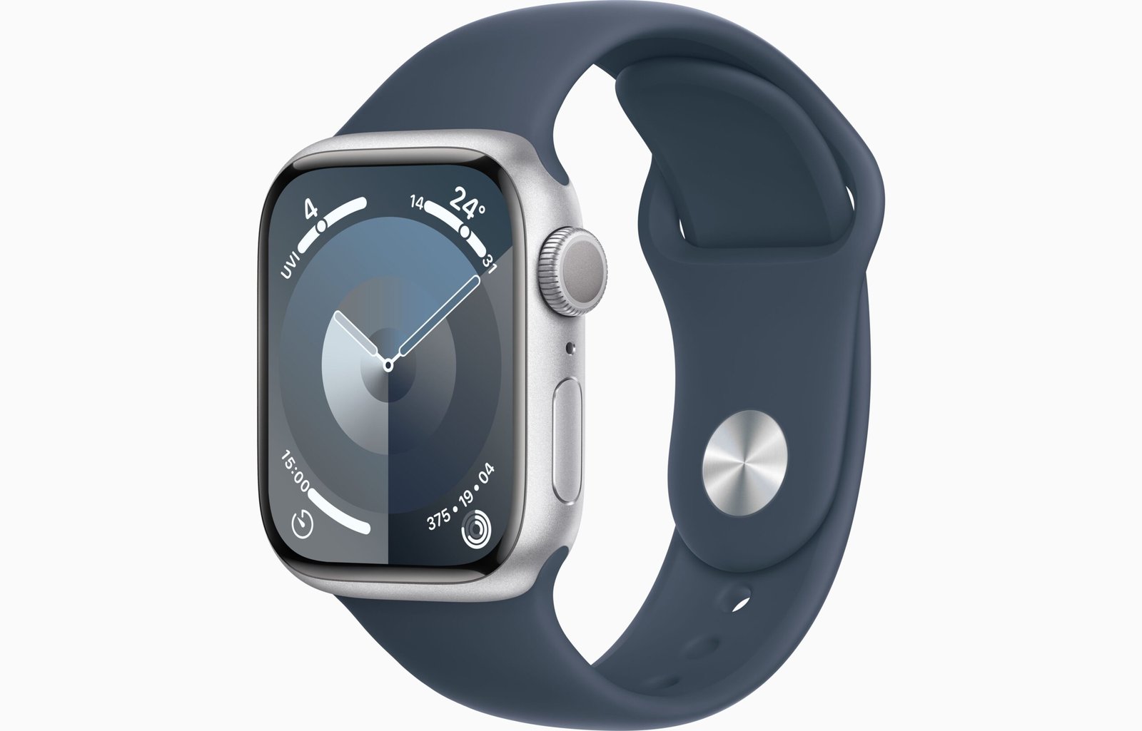 APPLE WATCH SERIES 9 GPS 41MM SILVER ALUMINIUM CASE WITH STORM BLUE SPORT BAND S/M MR903