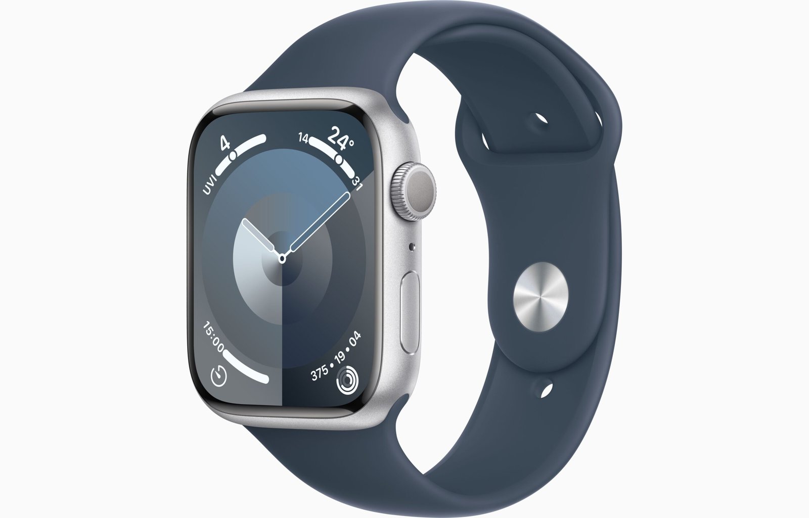 APPLE WATCH SERIES 9 GPS 45MM SILVER ALUMINIUM CASE WITH STORM BLUE SPORT BAND