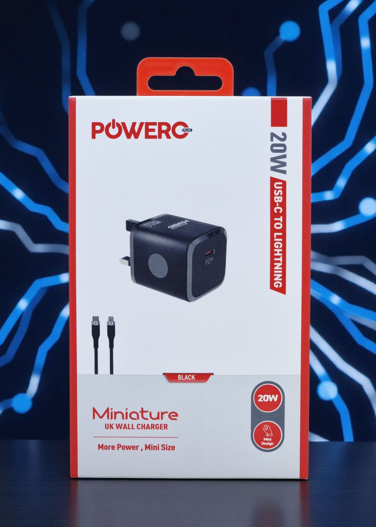 POWERO PLUS MINIATURE UK WALL CHARGER 20W USB-C TO LIGHTING CABLE BLACK PR-TCUK25L-BK