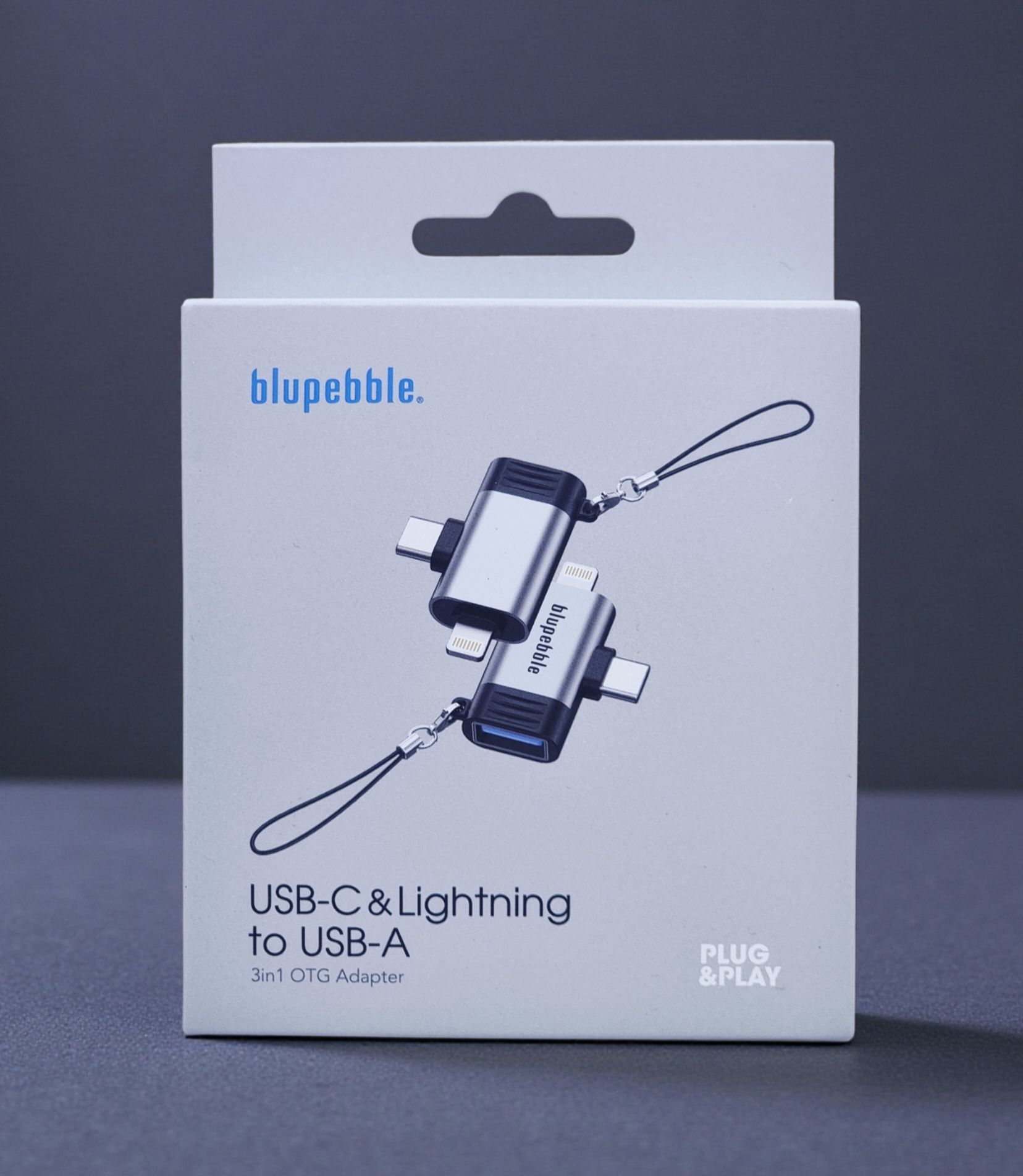 BLUPEBBLE 3 IN 1 USB A TO USB C & LIGHTNING ADAPTER GRAY BP-OTGA2CNL-GY