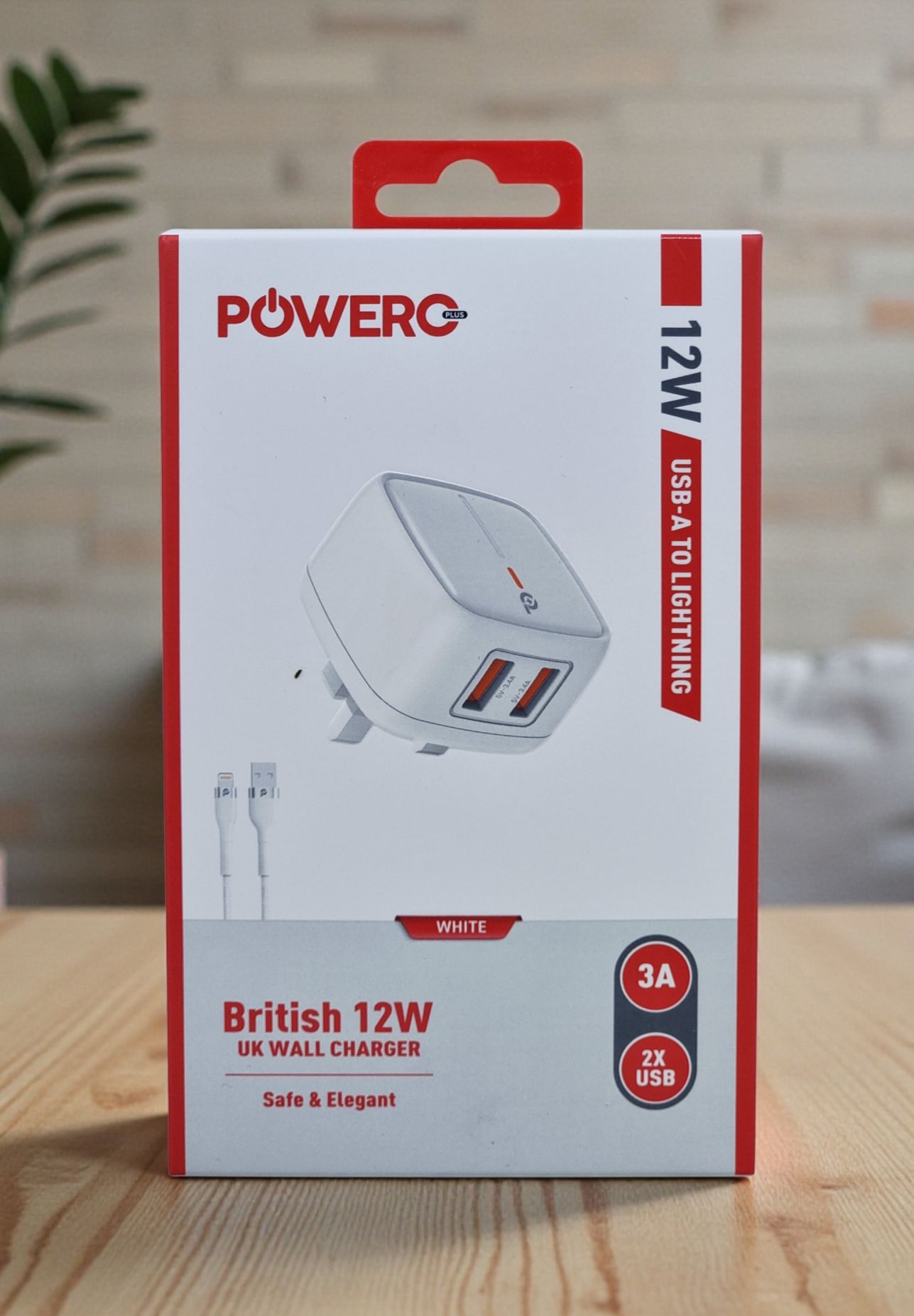 POWERO PLUS BRITISH 12W USB A TO LIGHTNING UK WALL CHARGER 3A WHITE PR-TC24UKAL-WH