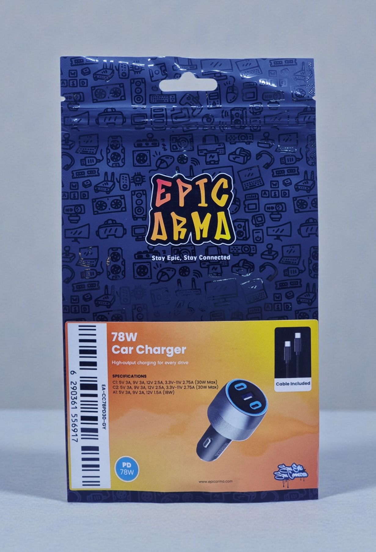 EAPICARMA 78W CAR CHARGER WITH 60W USB-C TO USB-C CABLE GRAY EA-CC78PD30-GY