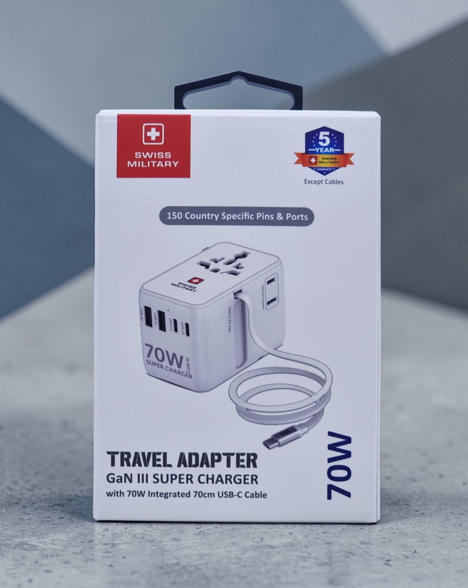 SWISS MILITARY TRAVEL ADAPTER GAN III SUPER CHARGER WITH 70W INTEGRATED 70CM USB C CABLE WHITE SM-TC-70W-GAN-MINI-CABLE-WHI