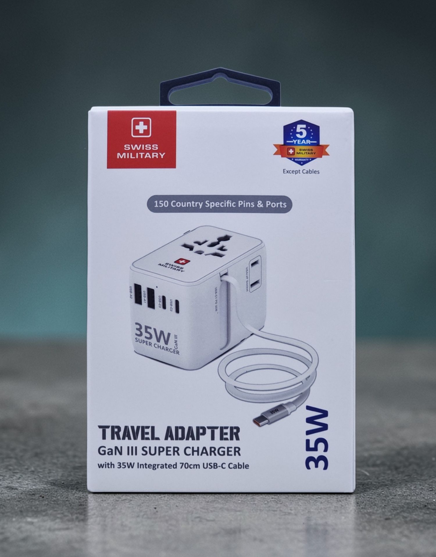 SWISS MILITARY TRAVEL ADAPTER GAN III SUPER CHARGER WITH 35W INTEGRATED 70CM USB C CABLE WHITE SM-TC-35W-GAN-MINI-CABLE-WHI