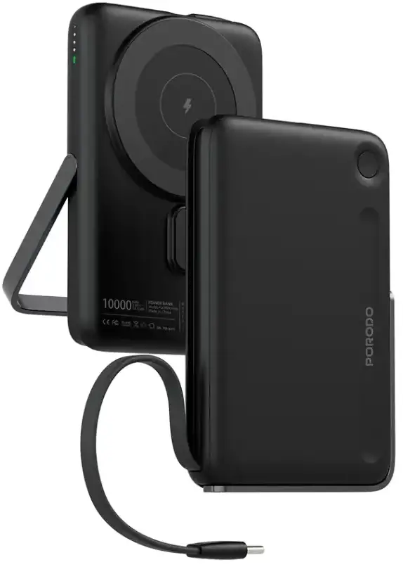 PORODO MAGSAFE 10000MAH POWER BANK INTEGRATED USB C CABLE / STAND PD20W BLACK PDPBFCH065BK