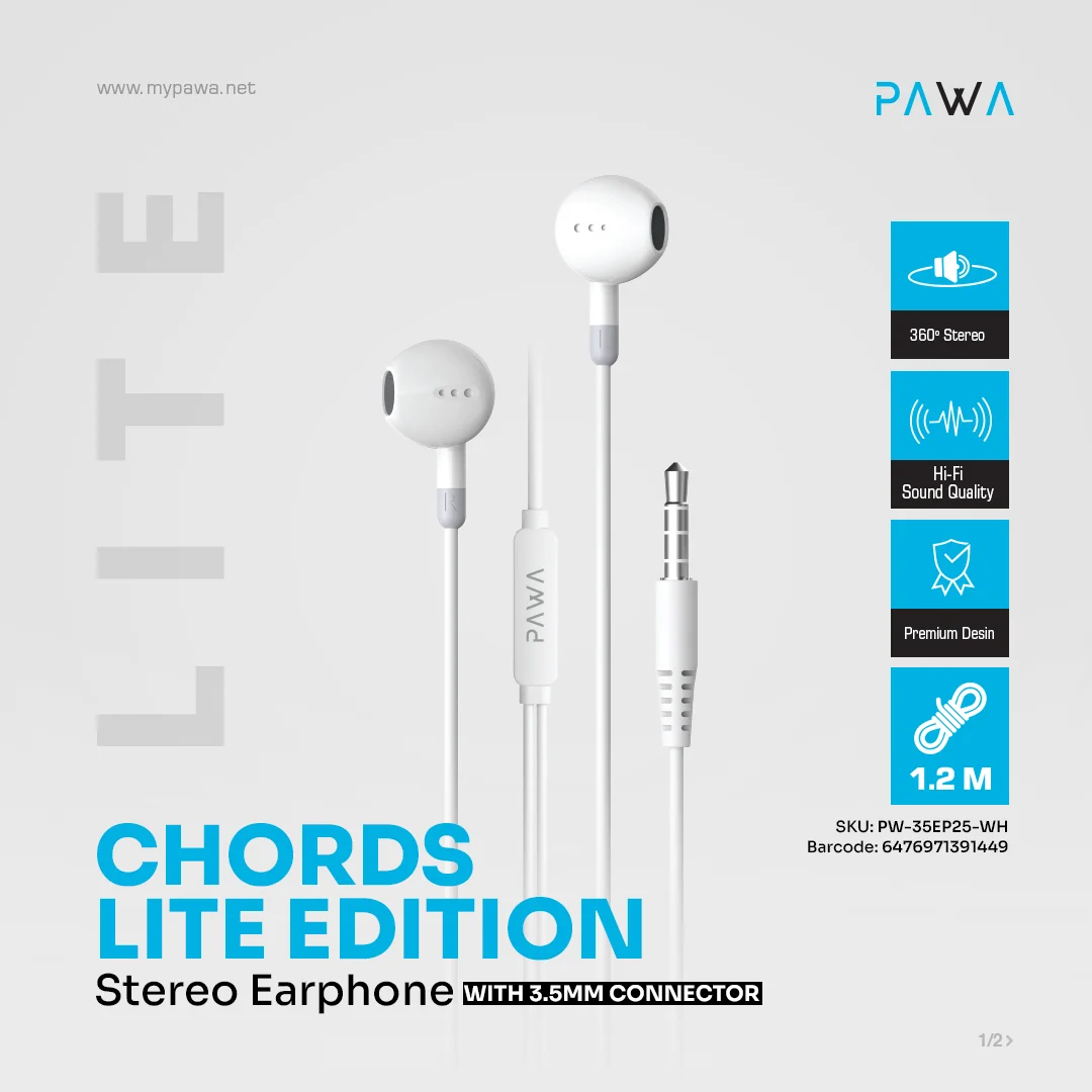 PAWA CHORDS LITE EDITION STEREO EARPHONE WITH 3.5MM CONNECTOR PW-35EP25-WH thumbnail 3