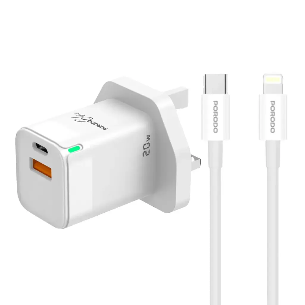 PORODO BLUE USB A AND USB C 20W ULTRA QUICK CHARGER WITH LIGHTNING CABLE WHITE PB-FWCH036-WH-L thumbnail 7