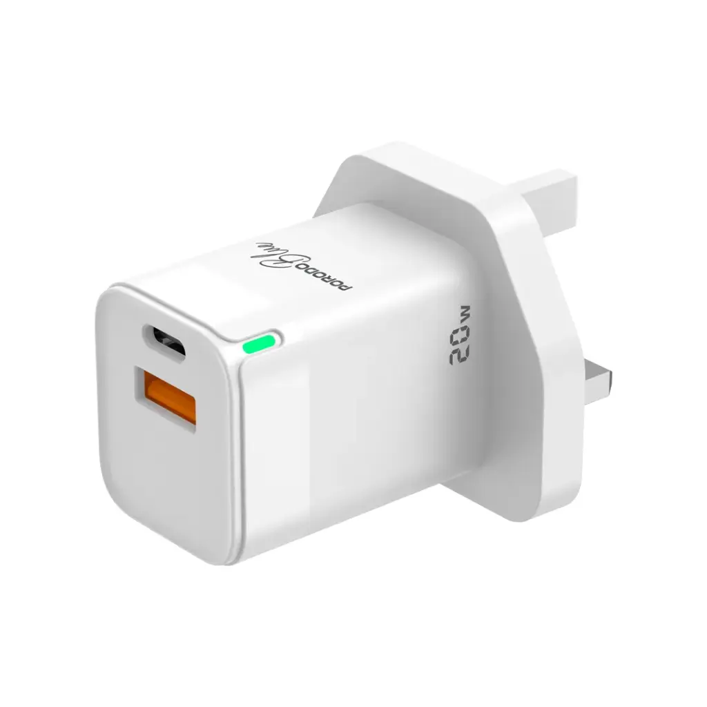 PORODO BLUE USB A AND USB C 20W ULTRA QUICK CHARGER WHITE PB-FWCH036-WH