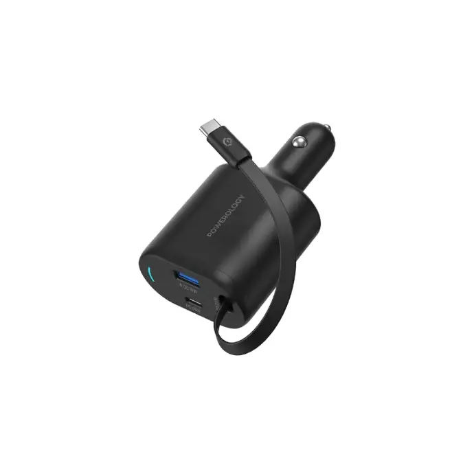 POWEROLOGY CURRNEX 60W MULTI PORT CAR CHARGER WITH RETRACTABLE 75CM CABLE BLACK PCCSR19BK