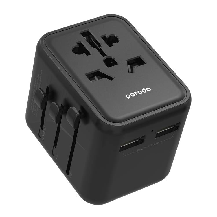 PORODO DUAL PORT USB-A UNIVERSAL TRAVEL ADAPTER BLACK PD-12WUTA-BK