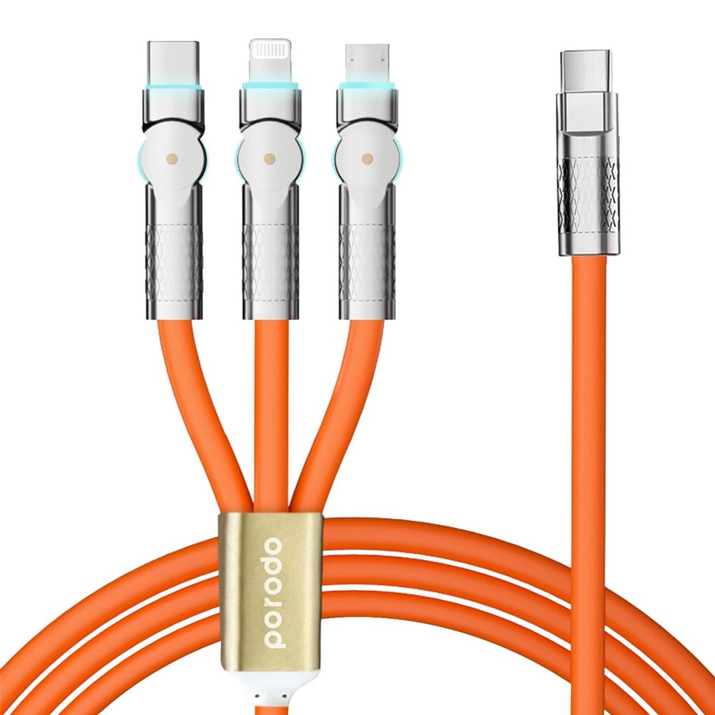 PORODO 3 IN 1 MULTI CONNECTOR SWIVEL LIGHTNING TYPE C MICRO USB FAST CHARGE CABLE PD 100W 1.2M ORANGE PD-3IN1V100W-OG