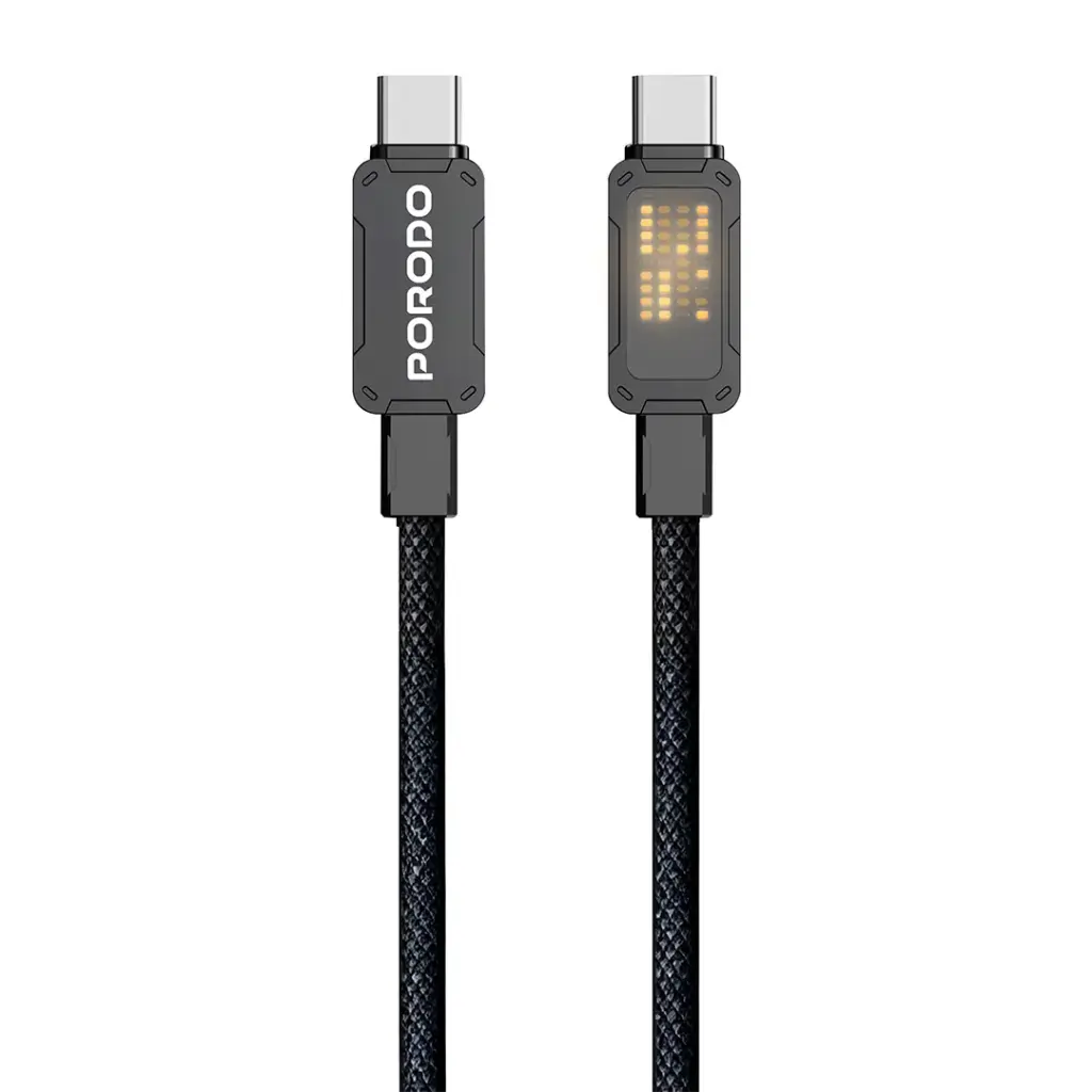 PORODO USB C TO USB C BRAIDED LED ILLUMINATED INDICATOR PD 100W 1M CABLE PD-CBL0032-BK