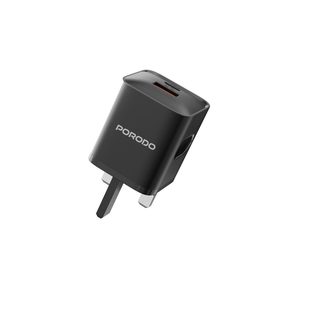 PORODO DUAL PORT WITH USB C TO LIGHTNING CABLE WALL CHARGER BLACK PD-FWCH022-L-BK