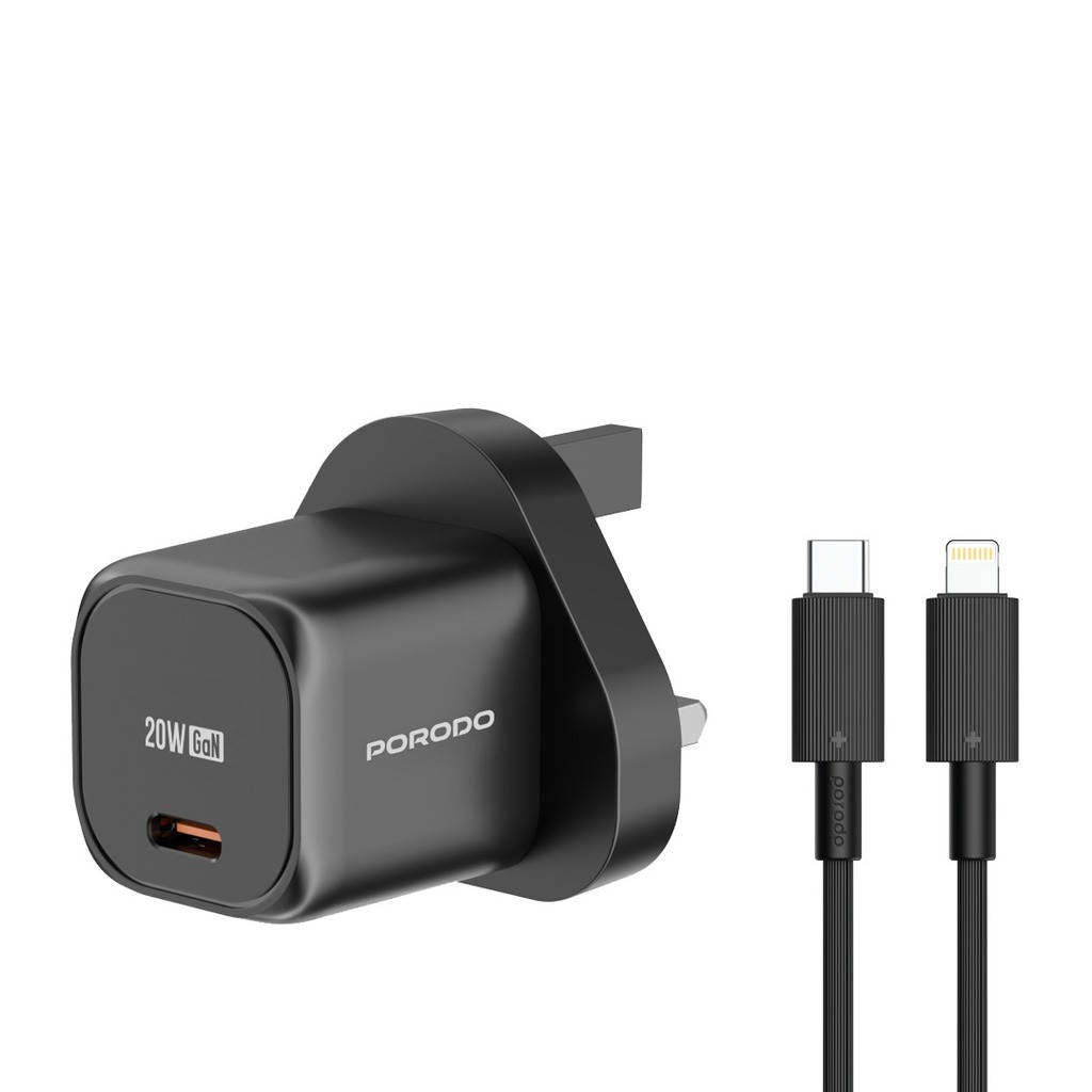 PORODO USB C POWER DELIVERY WALL CHARGER WITH USB C TO LIGHTNING CABLE BLACK PD-FWCH027-BK-L