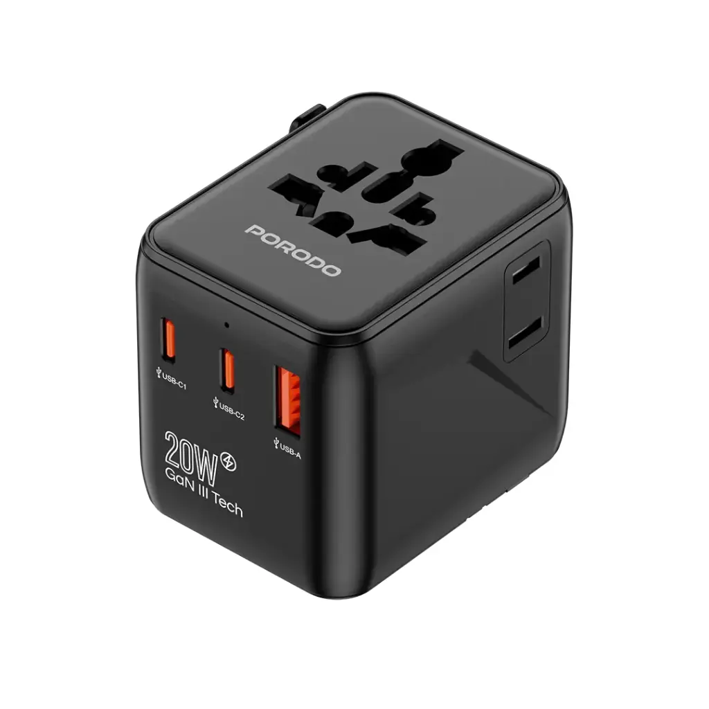 PORODO UNIVERSAL TRAVEL GAN QUICK CHARGER PD20W BLACK PD-FWCH053-BK