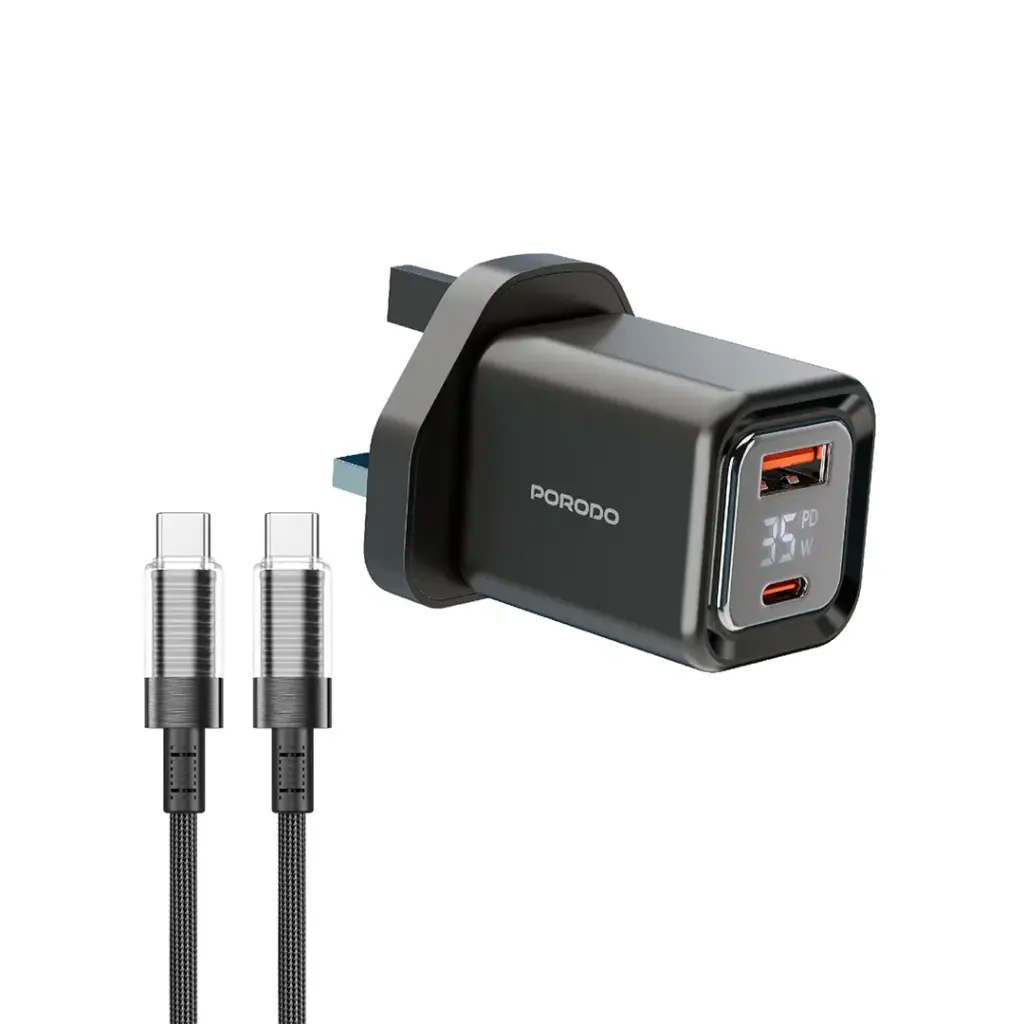 PORODO DUAL PORT DIGITAL DISPLAY QUICK CHARGER PD35W GAN WITH C CABLE BLACK PD-FWCH058-C-BK