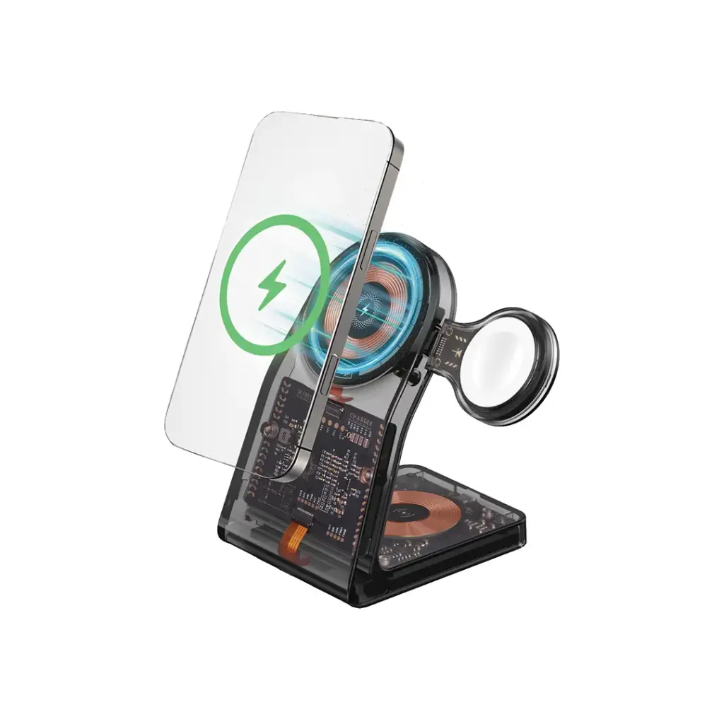PORODO TRANSPARENT SHELL WIRELESS CHARGING STAND WITH DETACHABLE WATCH CHARGER BLACK PD-FWCH062-BK