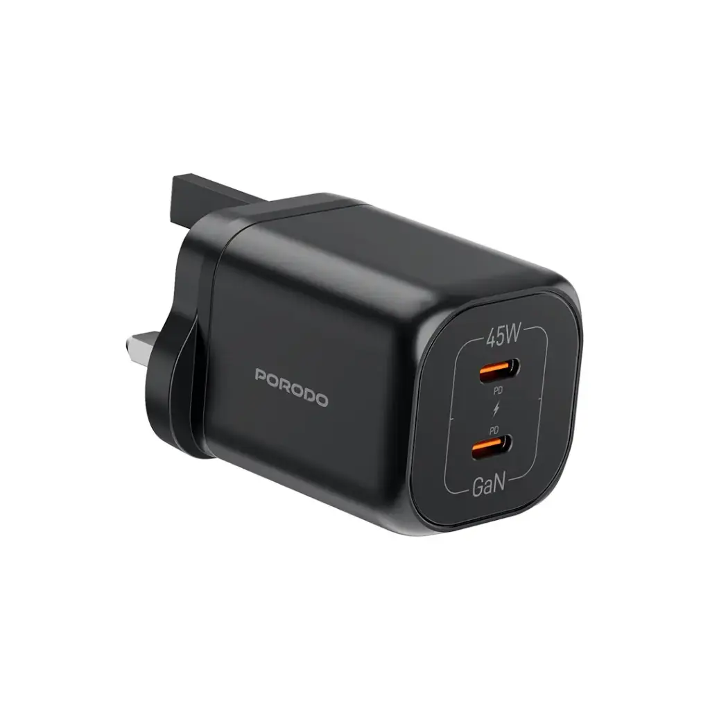 PORODO DUAL USB C PD45W GAN QUICK CHARGER BLACK PD-FWCH064-BK