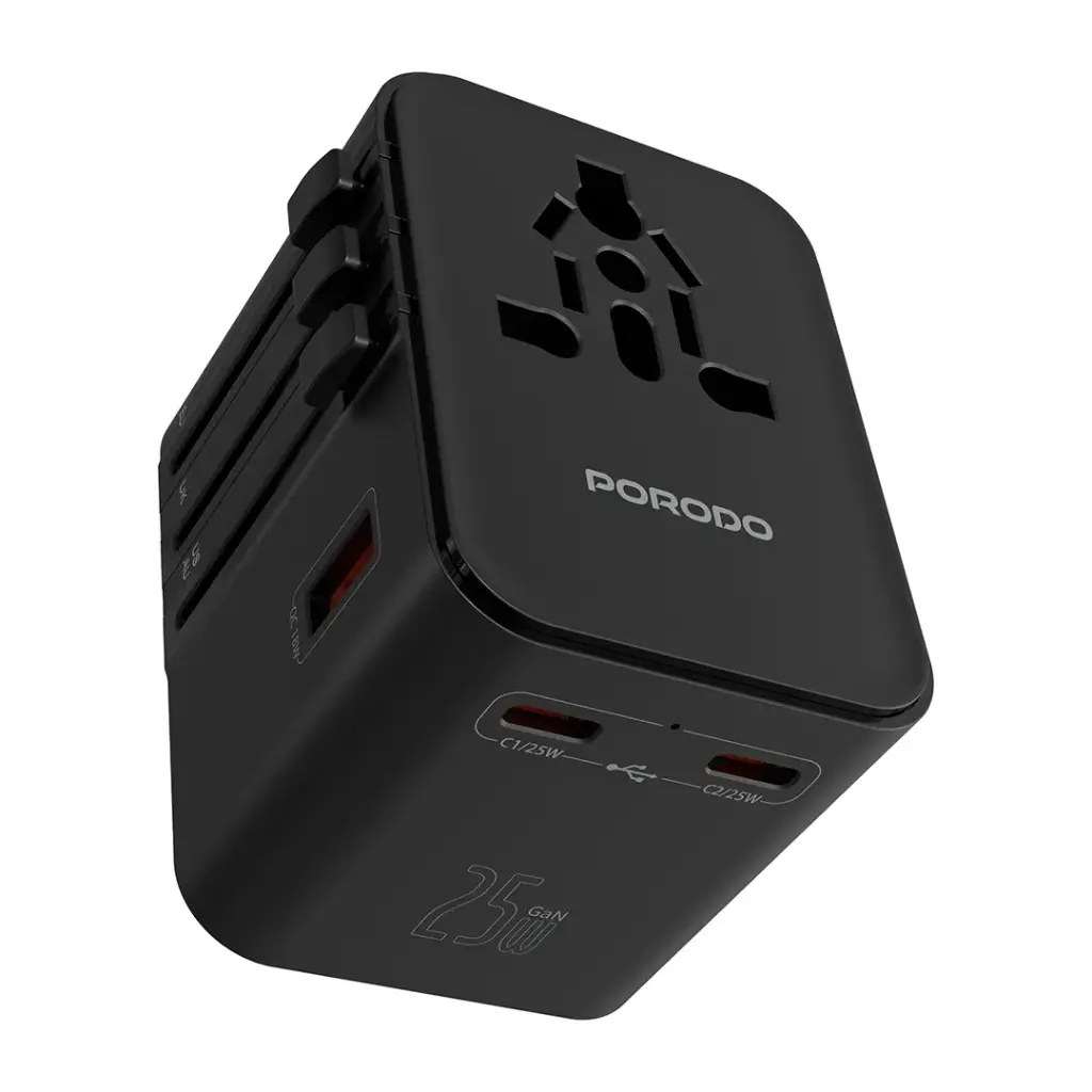PORODO UNIVERSAL TRAVEL MULTIPORT PD25W QC18W GAN QUICK CHARGER BLACK PD-FWCH065-BK