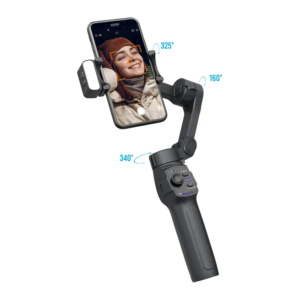 PORODO 3 AXIS GIMBLE STABILIZER WITH MAGNETIC FILL LIGHT BLACK PD-LFST127-BK