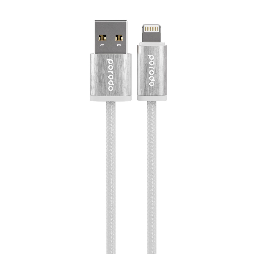 PORODO WOVEN BRAIDED USB A LIGHTNING CABLE DATA & FAST CHARGE ALUMINUM SHELL WHITE 4FT 1.2M PD-W24AC2L-WH