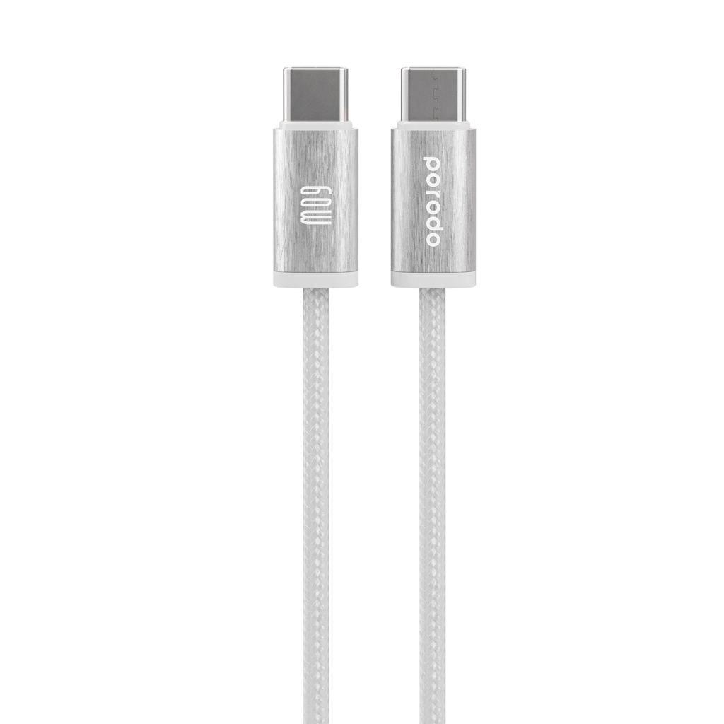 PORODO WOVEN BRAIDED USB C TO USB C CABLE DATA & FAST CHARGE ALUMINUM SHELL 1.2M WHITE PD-W60CC1-WH