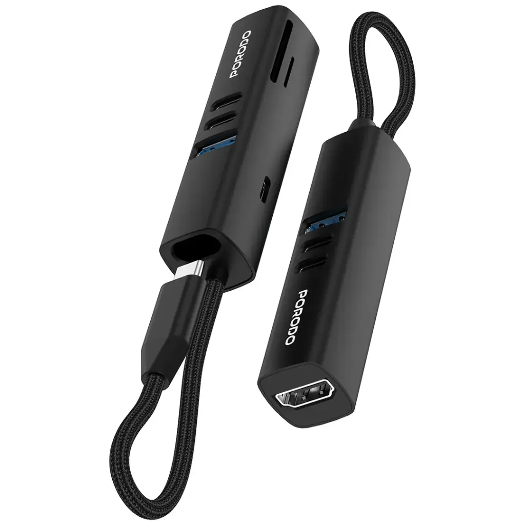 PORODO 7 IN 1 MULTI PORT USB HUB WITH 5 GBPS TRANSFER SPEED BLACK PD35037IN1BK