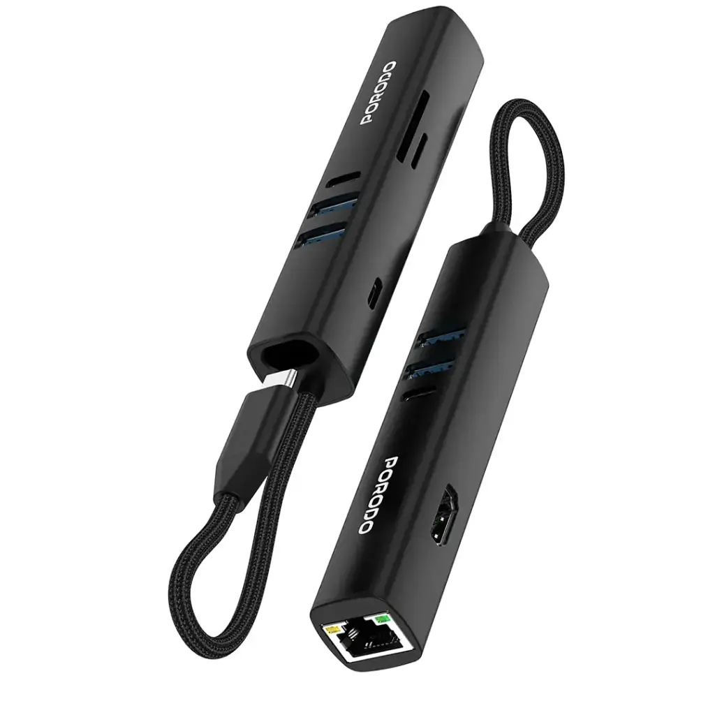 PORODO 8 IN 1 MULTI PORT USB HUB WITH 5 GBPS TRANSFER SPEED BLACK PD35038IN1BK