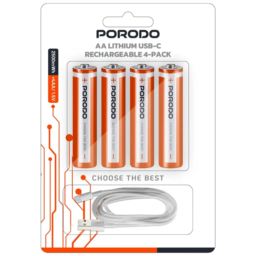 PORODO AAA LITHIUM USB C RECHARGEABLE 4 PACK WHITE/ORANGE PDAAA8RB