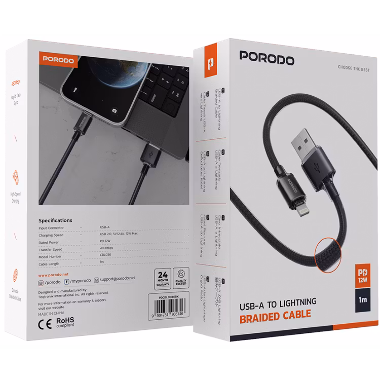 PORODO LED BRAIDED USB A TO LIGHTNING CABLE CHARGING & DATA TRANSFER BLACK PDCBLXGH01BK