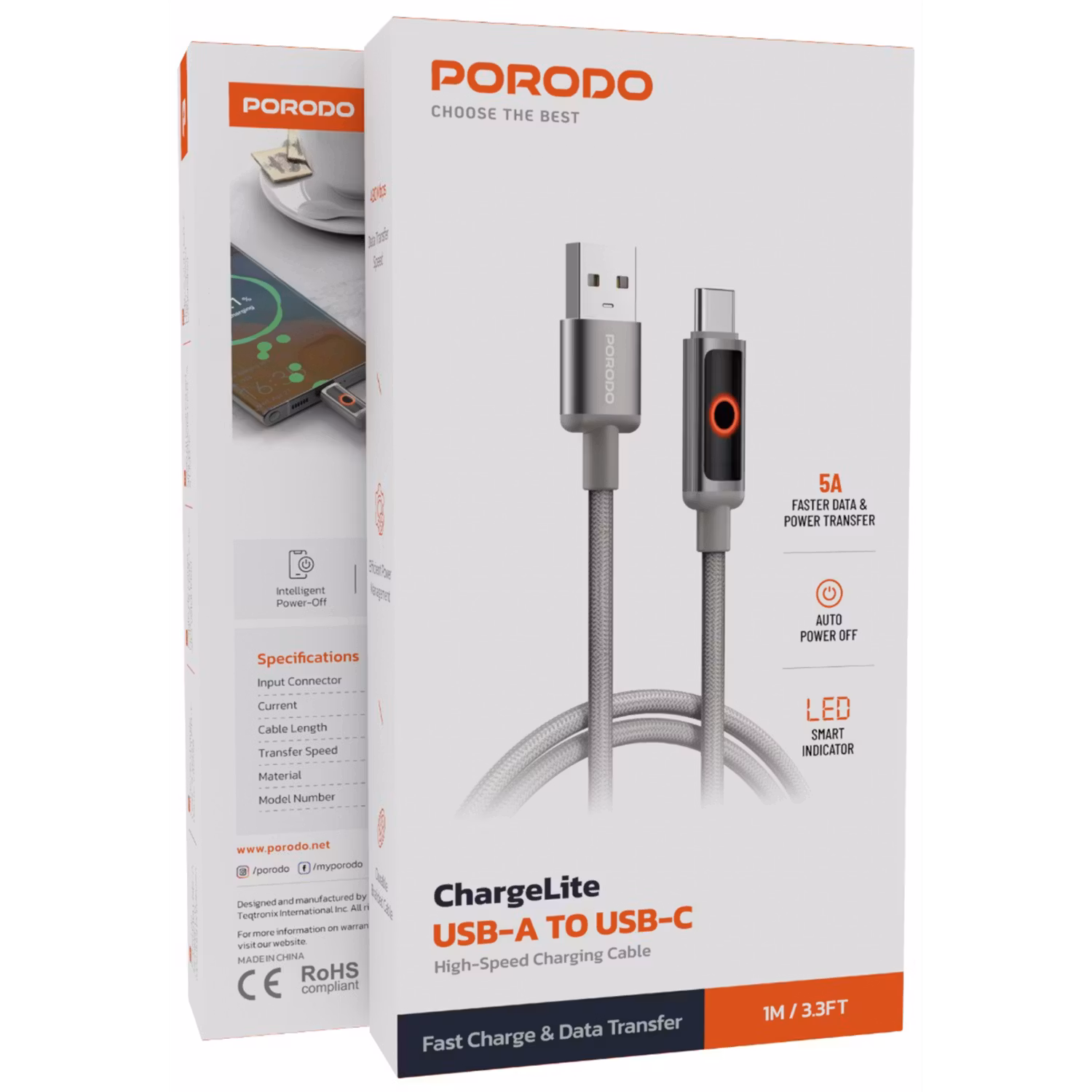PORODO CHARGE LITE USB-A TO USB-C HIGH-SPEED CHARGING 1M/3.3FT CABLE GRAY PDCBL0043GY