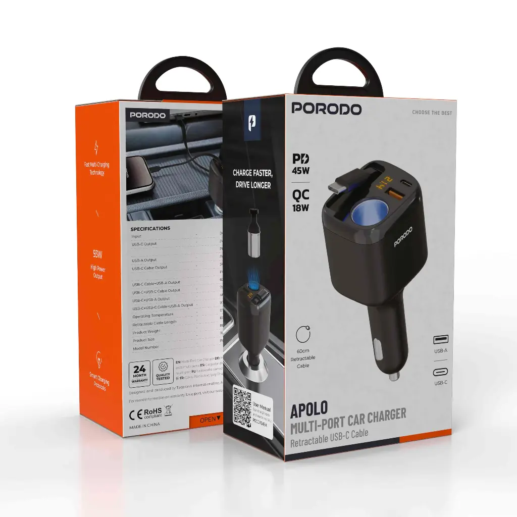 PORODO APOLO MULTI PORT CAR CHARGER RETRACTABLE USB C CABLE BLACK PDCCR34BK