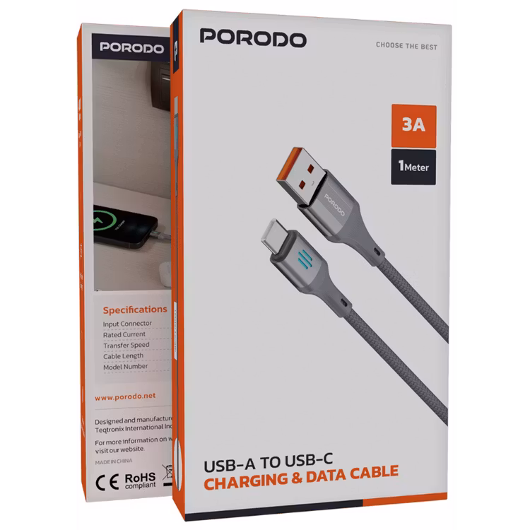 PORODO USB A TO USB C CHARGING DATA CABLE 1M GREY PDDC96GY thumbnail 4