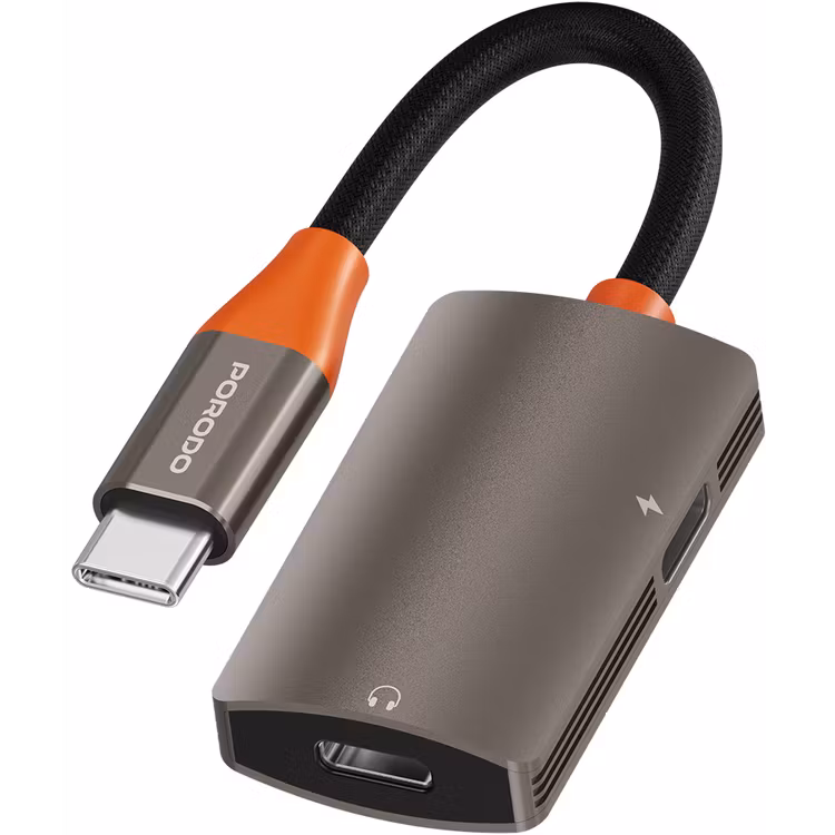 PORODO AUDIOLINK DUO USB C INTERFACE AUDIO AND CHARGER SPLITTER BLACK ORANGE PDETK15BKOG