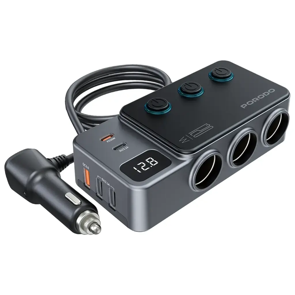 PORODO 120W CAR CHARGER HUB TRIPLE PORT LIGHTER SOCKET DARK GREY PDFWCH070DG