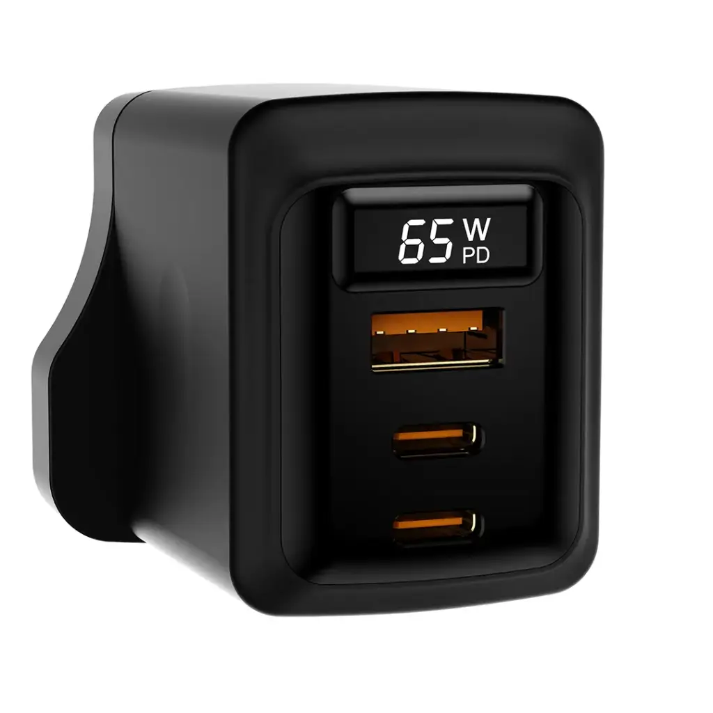 PORODO GAN 65W MULTI PORT WALL CHARGER WITH TYPE C TO TYPE C CABLE BLACK PDFWCH071CBK