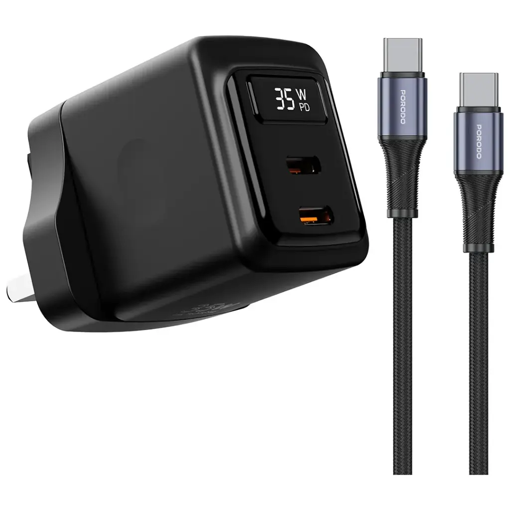 PORODO GAN 35W DUAL USB C WALL CHARGER WITH TYPE C TO TYPE C CABLE BLACK PDFWCH084CBK thumbnail 7