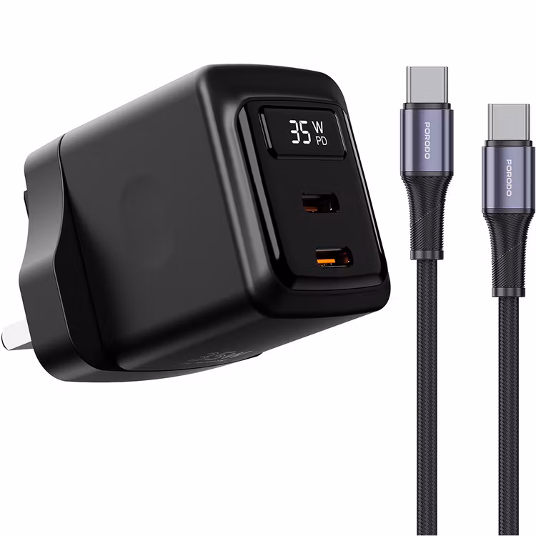 PORODO GAN 35W DUAL USB C WALL CHARGER WITH TYPE C TO TYPE C CABLE BLACK PDFWCH084CBK