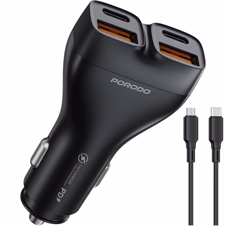 PORODO DUALPOWER 102W CAR CHARGER WITH USB C TO USB C CABLE PD30W QC18W BLACK PDFWCH085CBK