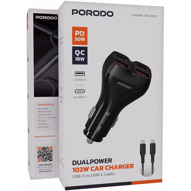 PORODO DUALPOWER 102W CAR CHARGER WITH USB C TO LIGHTNING CABLE PD30W QC18W BLACK PDFWCH085LBK thumbnail 6