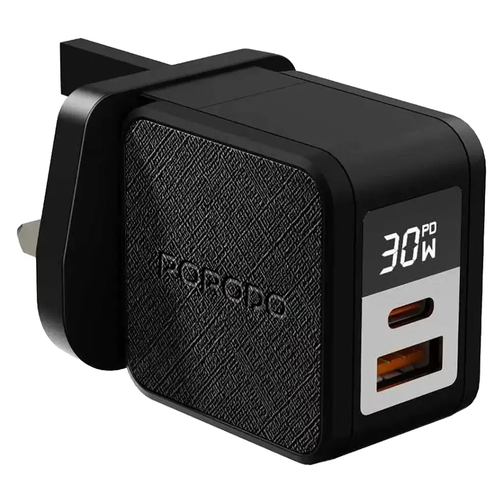 PORODO QUANTUM GAN 30W MULTI PORT CHARGER WITH DIGITAL DISPLAY WITH C TO LIGHTNING CABLE 1M BLACK PDFWCH092BKL