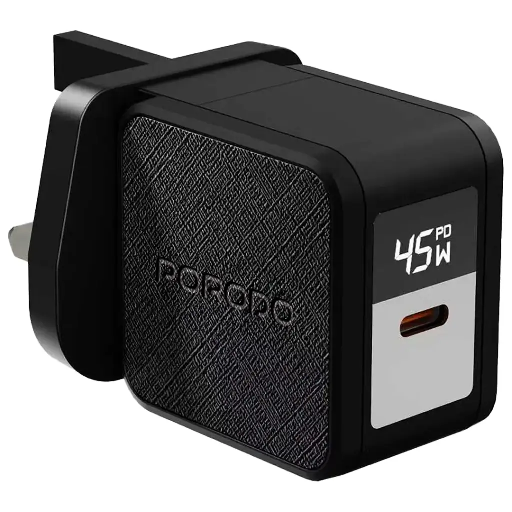 PORODO QUANTUM GAN 45W USB C WALL CHARGER WITH DIGITAL DISPLAY BLACK PDFWCH093BK